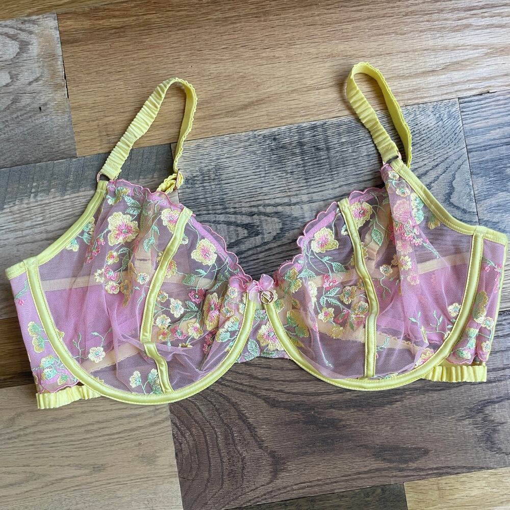 Lounge Cassia Bra 38G Pink Yellow Floral Embroidered Sheer Underwire